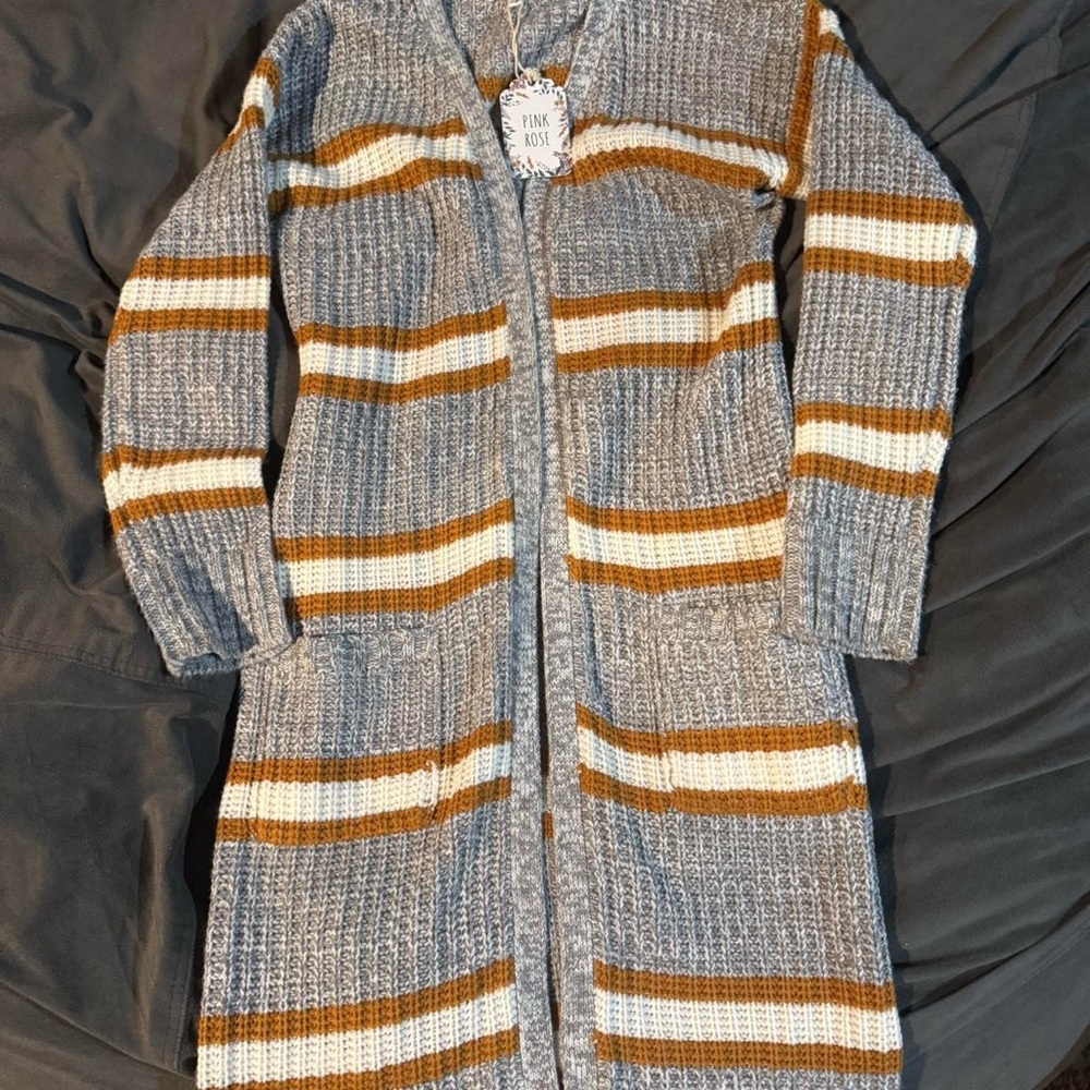 (NWT)Pink Rose Women's Cardigan with Gray, Brown, and Cream Stripes